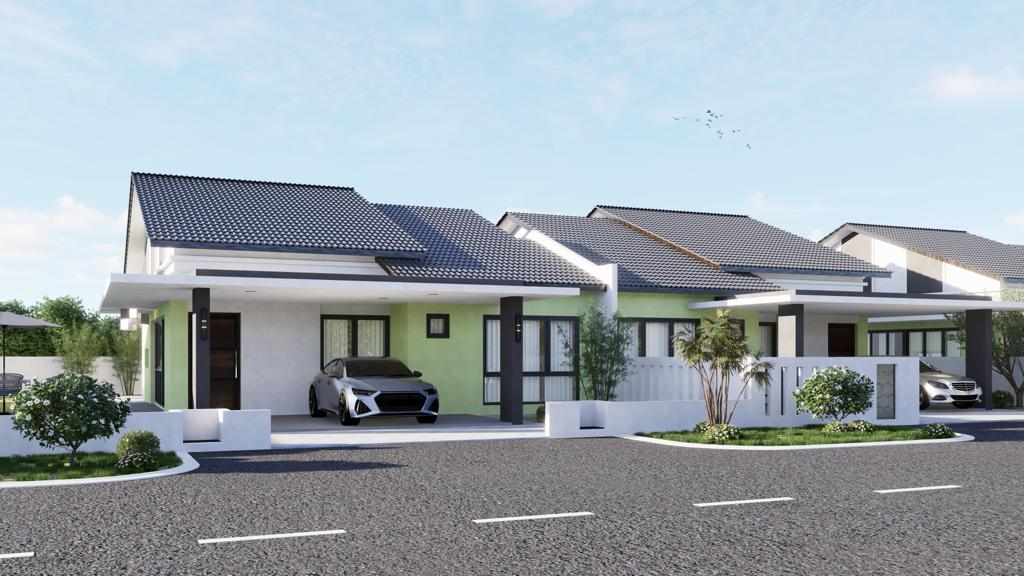 Modern single-story semi-detached house with black roof and light green exterior
